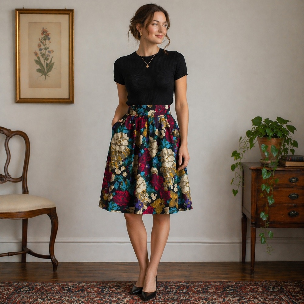 Vintage Bill Blass Silk Floral Pleated Midi Skirt Women's 12 Pockets Luxe Chic